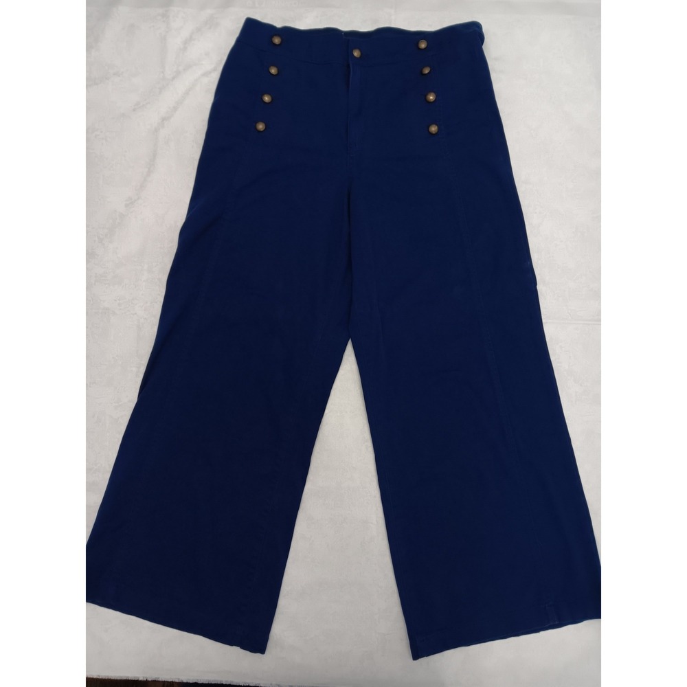 St Johns Bay Women's 12P Navy Blue Sailor Wide Leg Pants Brass Button High Rise